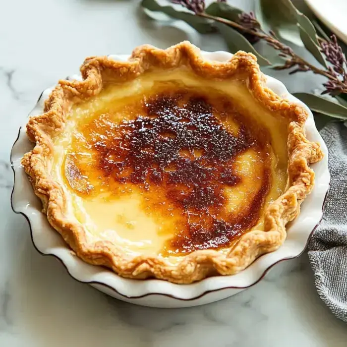 A golden-brown pie with a caramelized top sits in a white dish on a marble surface, surrounded by sprigs of greenery.