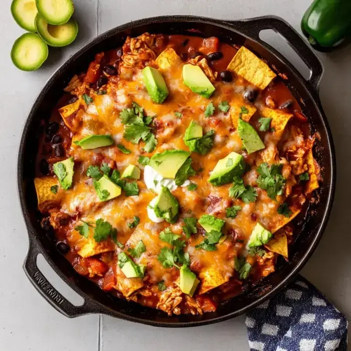 A skillet filled with cheesy chicken tortilla bake, topped with avocado, cilantro, and served with sliced avocados and a green pepper on the side.