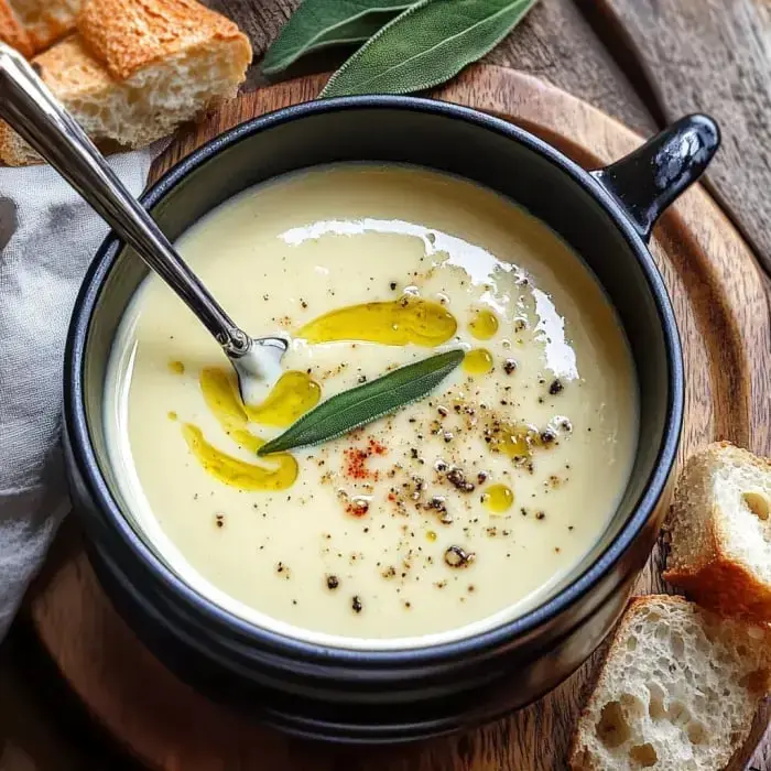 A black bowl of creamy soup garnished with olive oil, spices, and a sprig of sage, accompanied by pieces of bread on a wooden serving board.