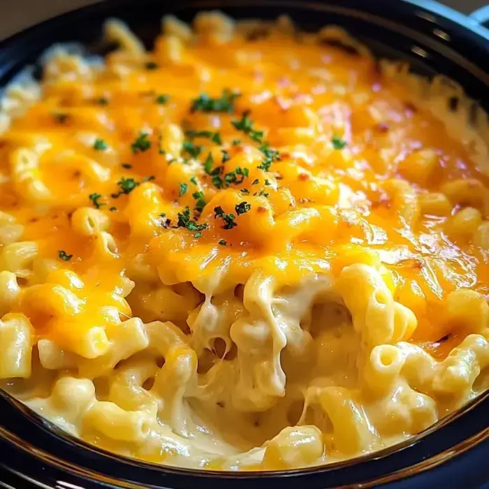 A close-up image of creamy macaroni and cheese topped with melted cheddar cheese and sprinkled with herbs.