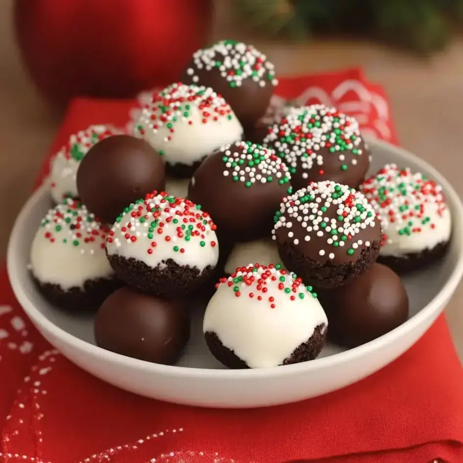 A plate of festive chocolate and white-coated truffles decorated with red and green sprinkles, arranged on a red tablecloth.