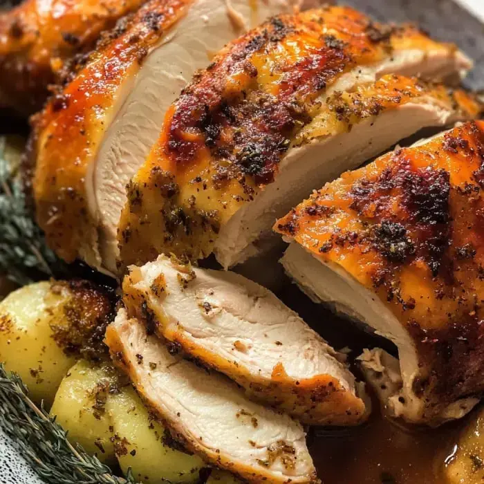 A close-up of sliced roast chicken breast garnished with herbs and served with potatoes.