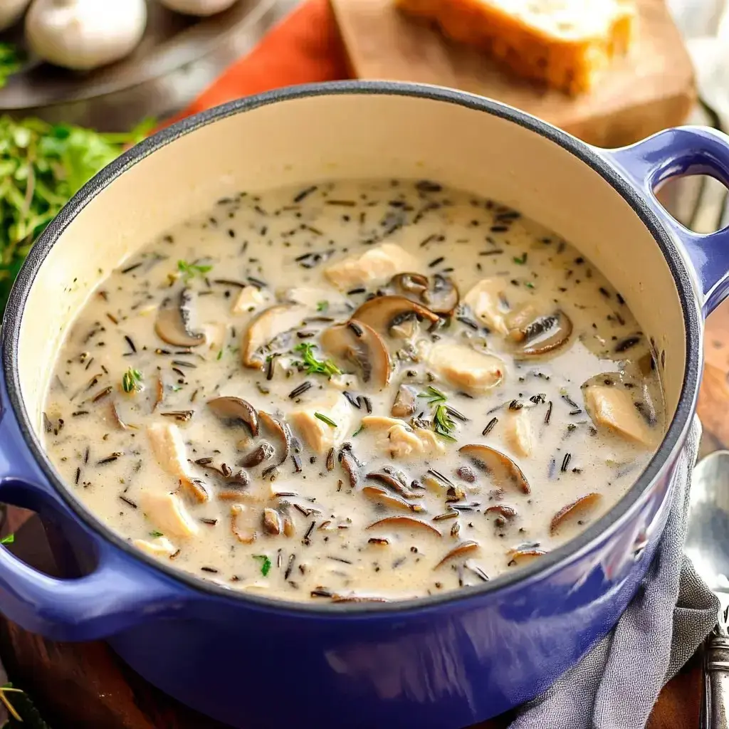 A blue pot filled with creamy chicken and mushroom soup, featuring wild rice and garnished with fresh herbs.