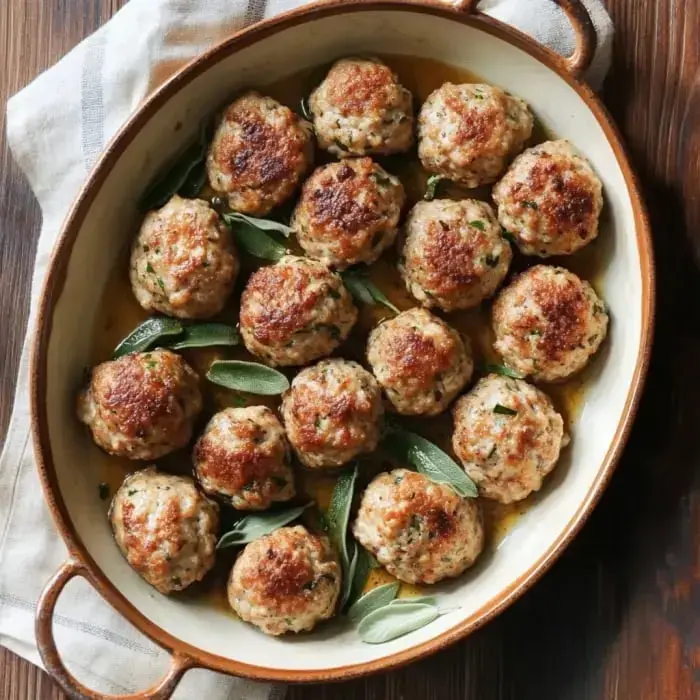 A dish of golden-brown meatballs garnished with fresh sage leaves in a shallow ceramic bowl.