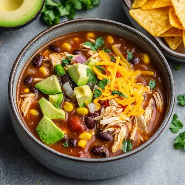 A bowl of savory chicken soup filled with black beans, corn, diced tomatoes, avocado, shredded cheese, and garnished with cilantro, accompanied by a plate of tortilla chips.