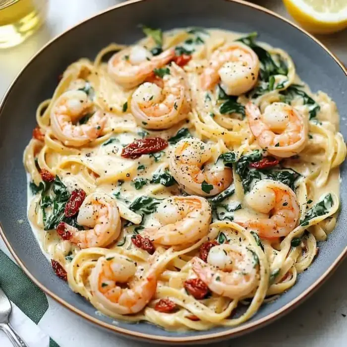 A creamy pasta dish with shrimp, spinach, and sun-dried tomatoes, served in a bowl with a lemon slice on the side.