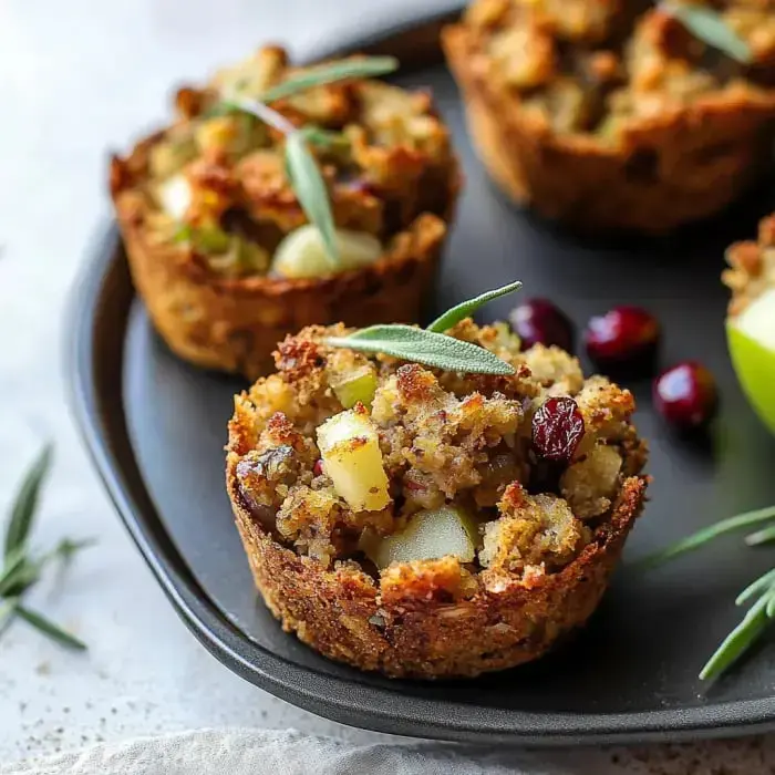 A close-up image of savory muffin-shaped stuffing cups garnished with herbs, cranberries, and apple pieces on a dark plate.