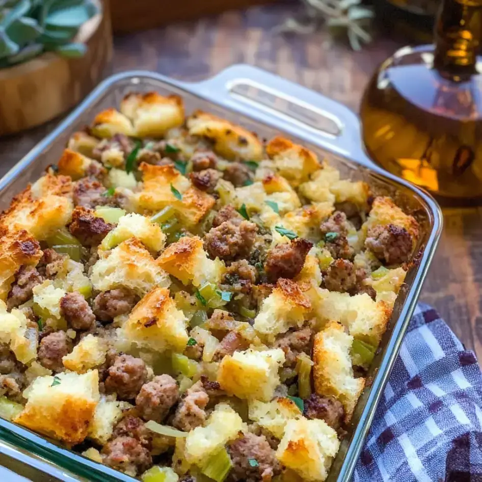 A baked dish of stuffing featuring golden-brown bread cubes, ground sausage, and chopped celery, garnished with fresh herbs.