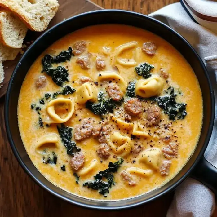 A bowl of creamy soup containing pasta, sausage, and kale, served alongside slices of bread.