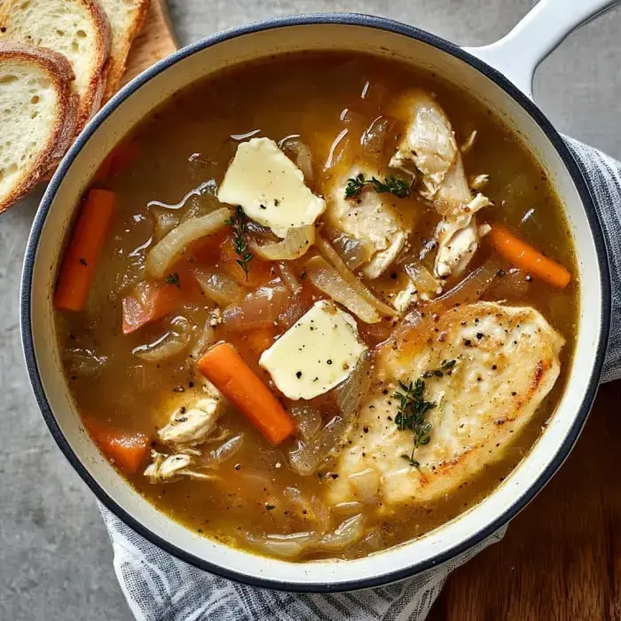 A close-up view of a bowl of chicken soup with carrots, onions, and butter, garnished with thyme, alongside slices of bread.