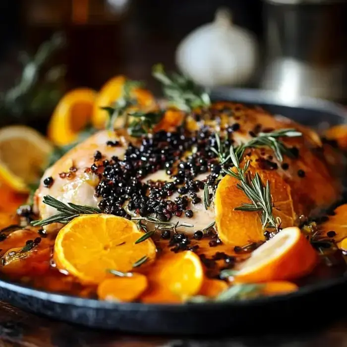 A beautifully arranged dish of roasted chicken garnished with black seeds, fresh herbs, and slices of orange and lemon.