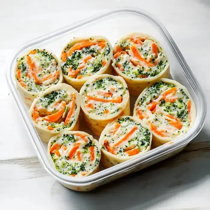 A clear plastic container filled with spiral rolls made of cream, broccoli, and shredded carrots.