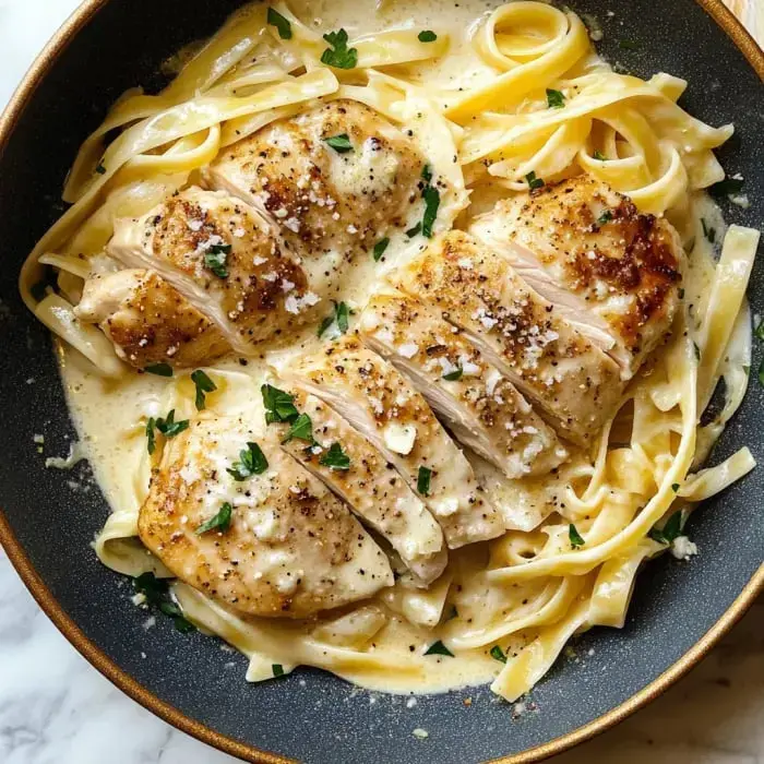 A creamy fettuccine pasta dish topped with sliced grilled chicken and garnished with parsley.