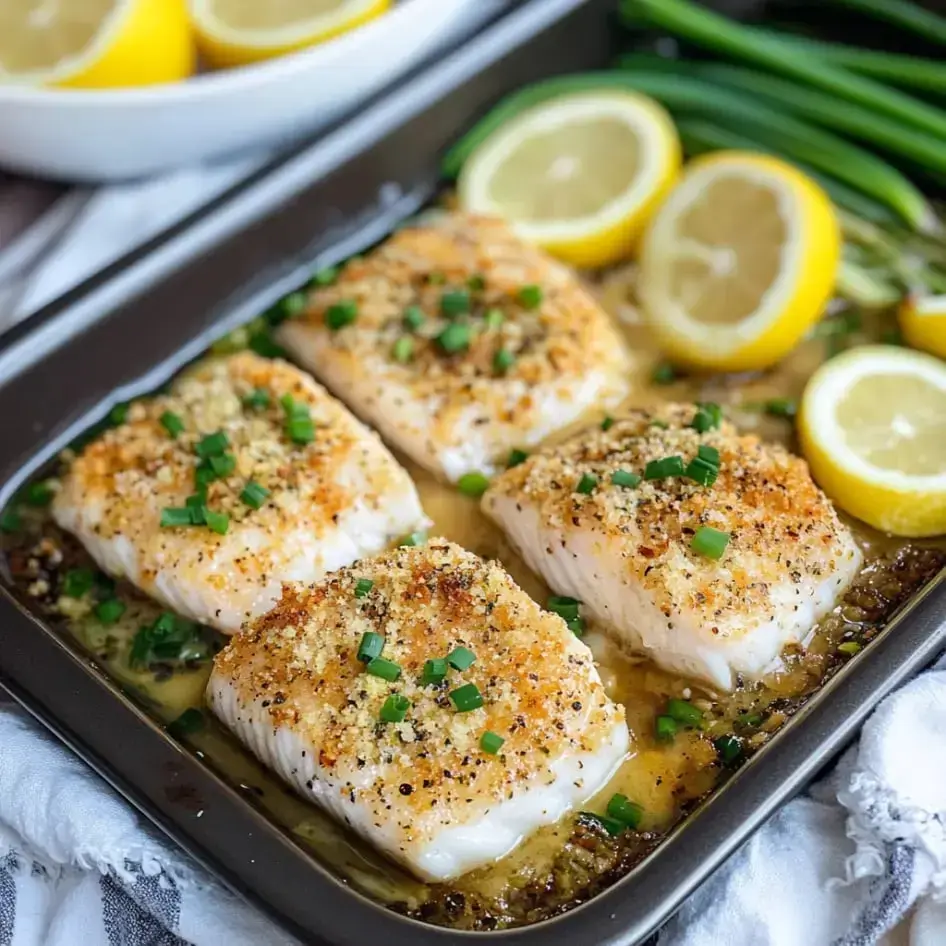 Baked fish fillets topped with breadcrumbs and herbs are garnished with sliced lemons and served with green onions.