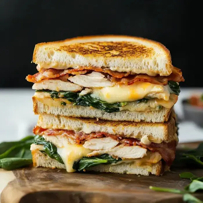 A tall sandwich stacked with grilled chicken, crispy bacon, spinach, and melted cheese between toasted bread slices.