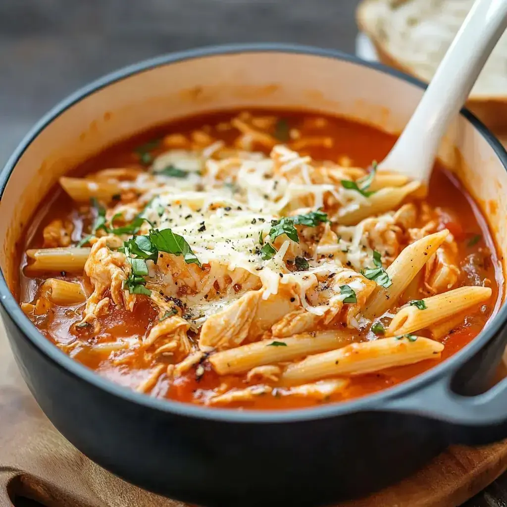 A bowl of pasta with shredded chicken, tomato sauce, grated cheese, and fresh herbs.