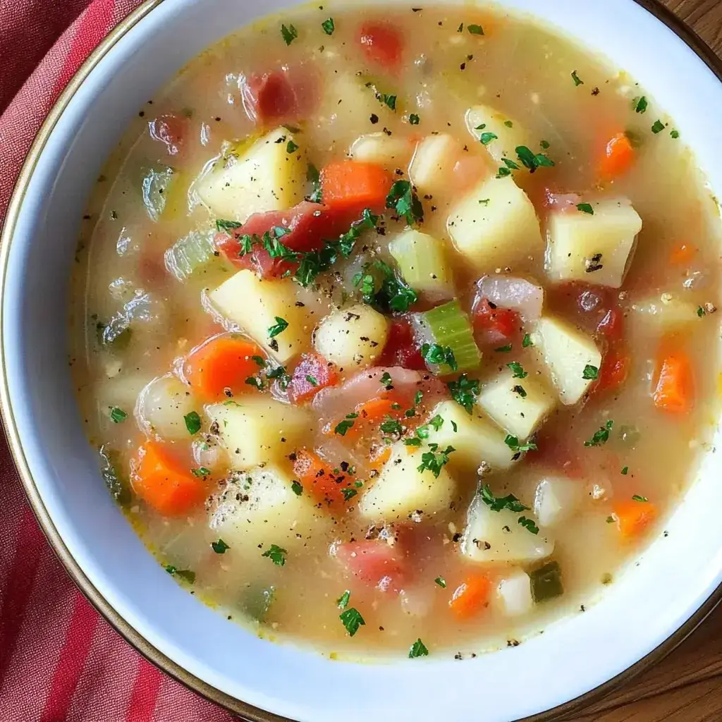 A bowl of vegetable soup featuring diced potatoes, carrots, celery, tomatoes, and garnished with parsley.