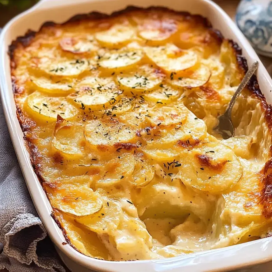 A creamy potato gratin topped with golden, crispy potato slices and sprinkled with herbs.