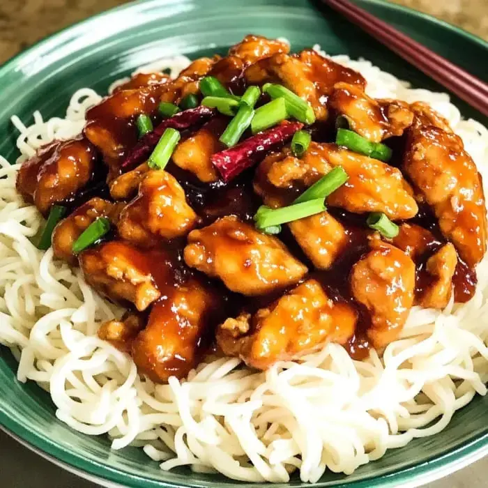 A serving of chicken coated in a glossy sauce and garnished with green onions, placed on a bed of white noodles in a green bowl.