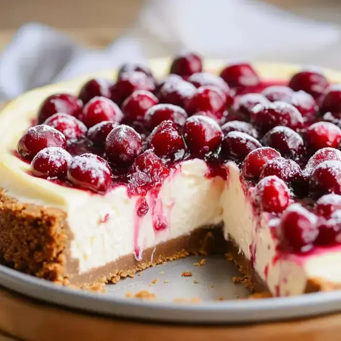 A partial cheesecake topped with glossy red cranberry sauce and whole cranberries, set on a crumbly crust.