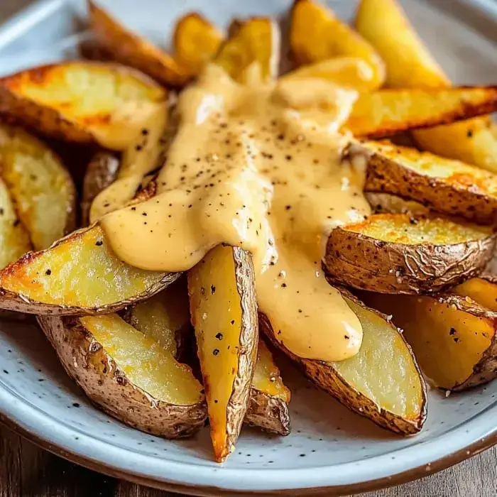 A plate of golden-brown potato wedges topped with creamy cheese sauce and black pepper.