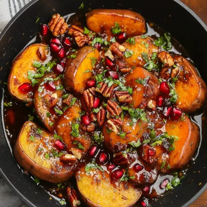 A skillet filled with baked sweet potato slices topped with pomegranate seeds, chopped pecans, and fresh herbs.