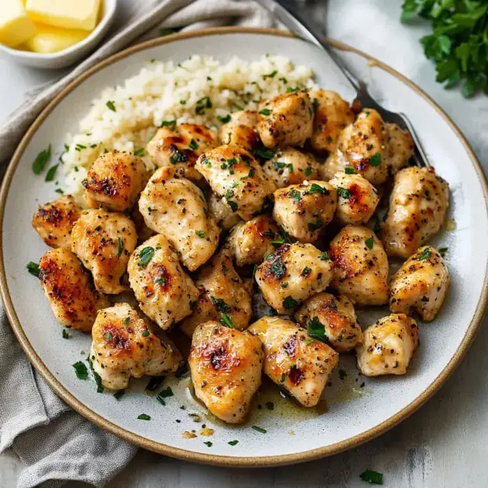 A plate of golden-brown, seasoned chicken pieces served with fluffy rice and garnished with herbs.