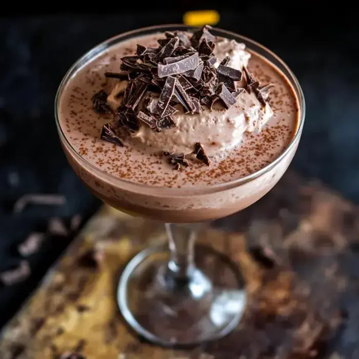 A dessert glass filled with chocolate mousse topped with whipped cream and chocolate shavings.