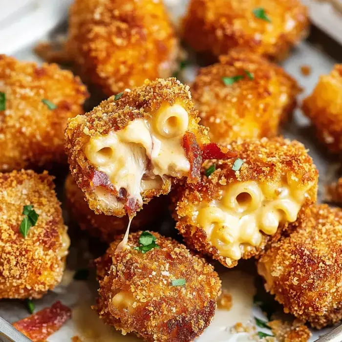 A close-up of crispy, golden-brown macaroni and cheese bites, with one piece visibly pulled apart to show the gooey cheese filling.
