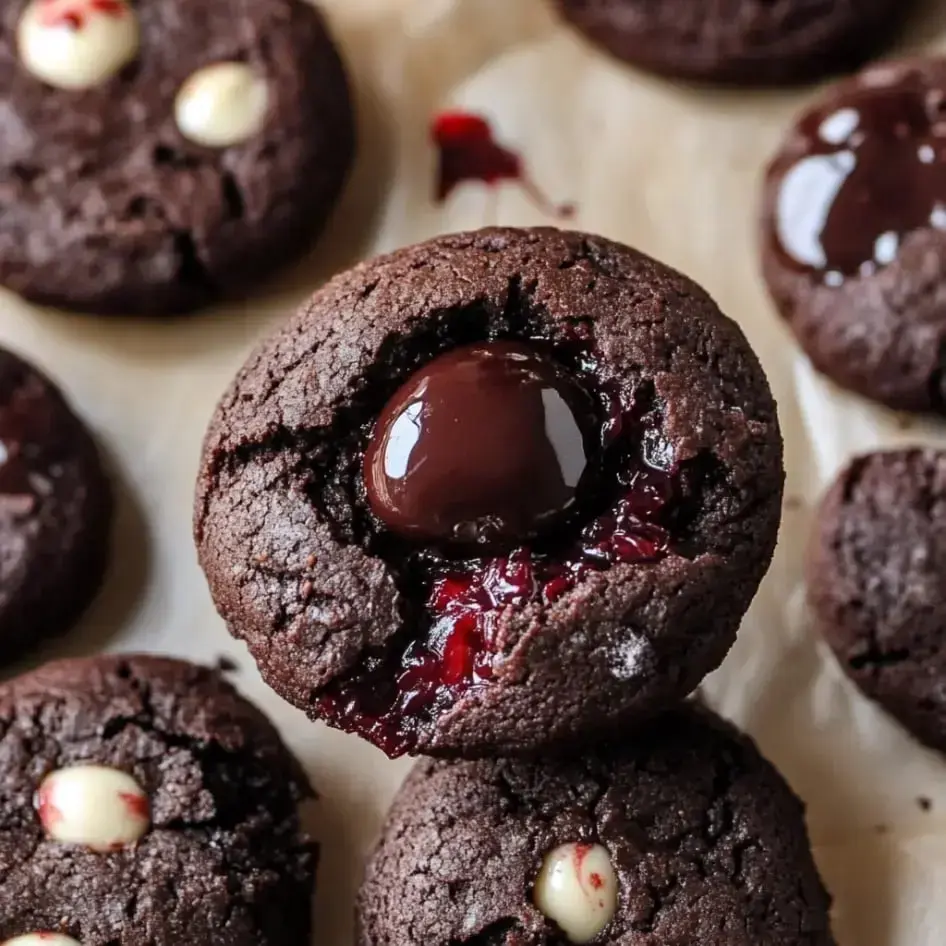 A close-up of chocolate cookies topped with a glossy chocolate ganache and filled with raspberry jam.