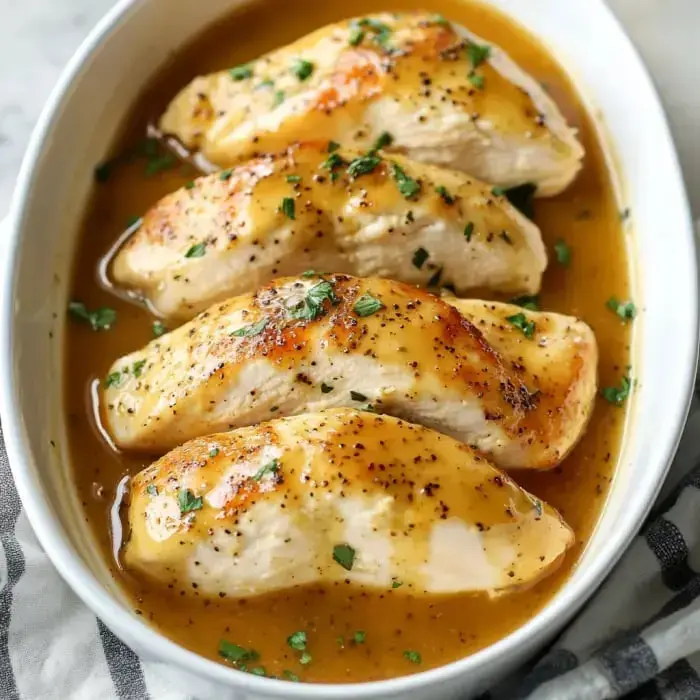 A dish of four succulent chicken breasts garnished with herbs and served in a flavorful sauce.