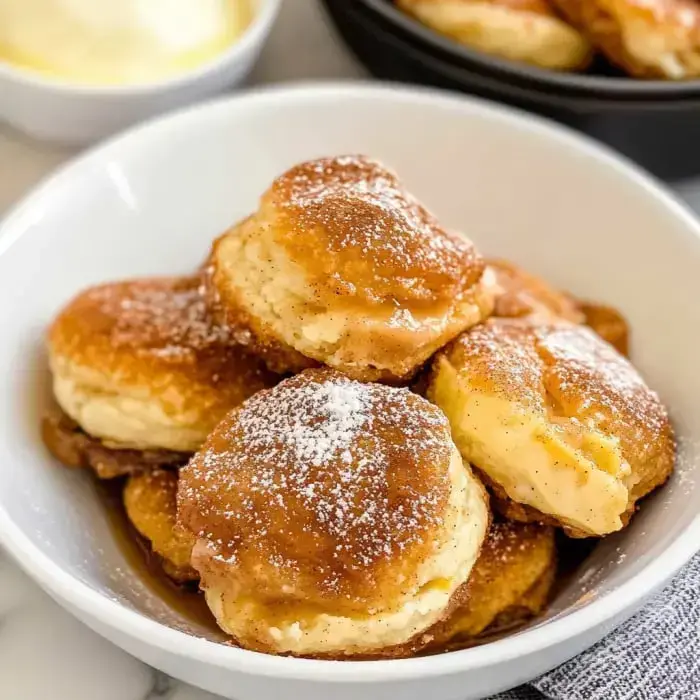 A bowl of fluffy, dusted biscuits stacked on top of each other, with a small bowl of cream in the background.