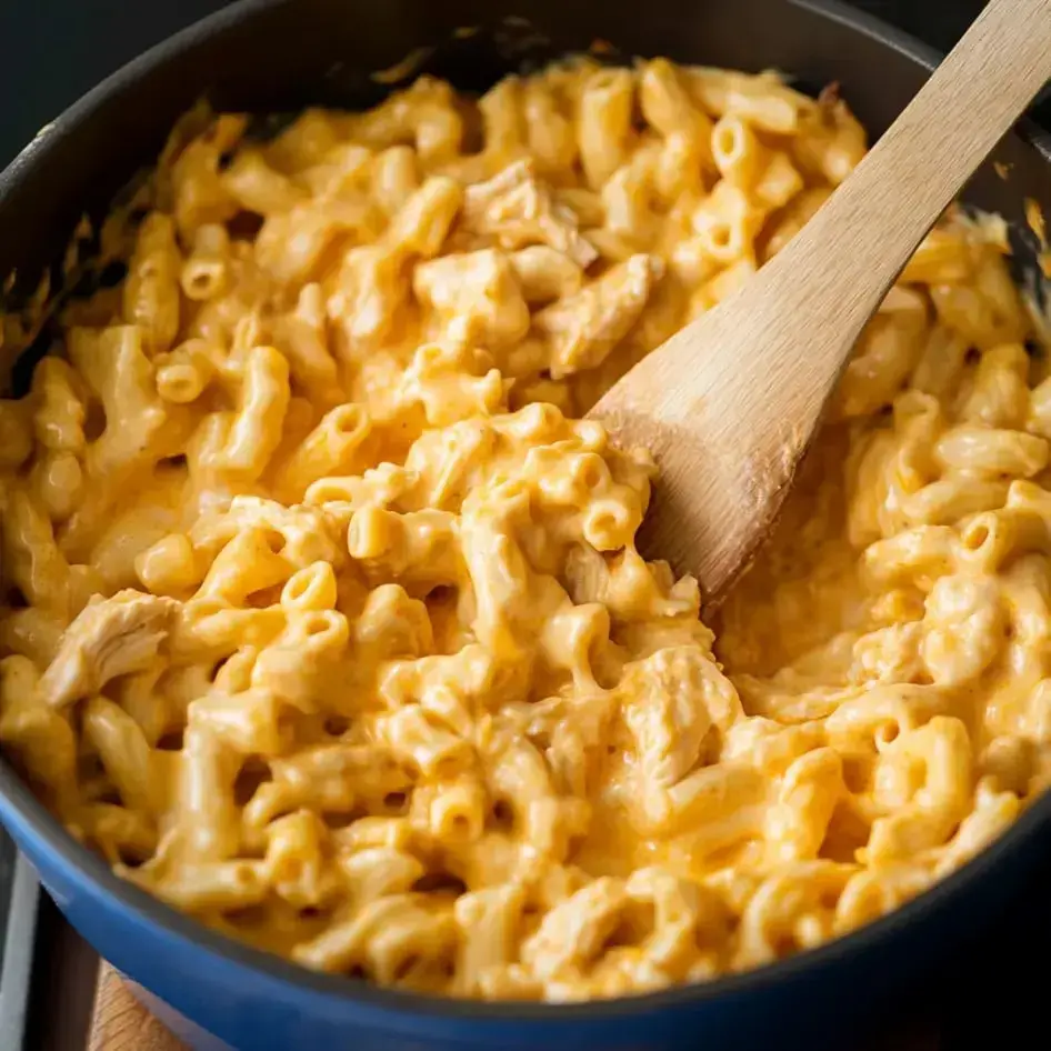 A close-up of a pot filled with creamy macaroni and cheese, featuring cooked pasta and a wooden spoon.