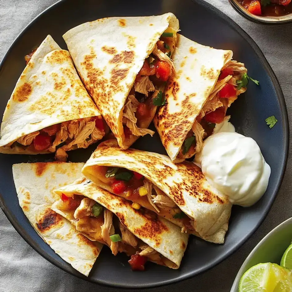 A plate of five crispy chicken-filled tortillas garnished with diced tomatoes and served with a side of sour cream.