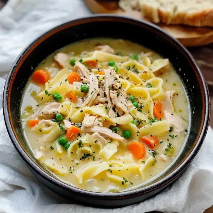 A bowl of chicken noodle soup with carrots, peas, and egg noodles, garnished with herbs.