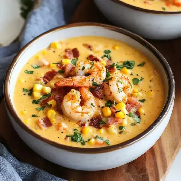 A creamy shrimp and corn chowder topped with fresh parsley and crunchy bacon bits, served in a bowl.