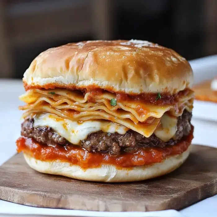 A burger layered with lasagna noodles, marinara sauce, and melted cheese, served on a toasted bun.