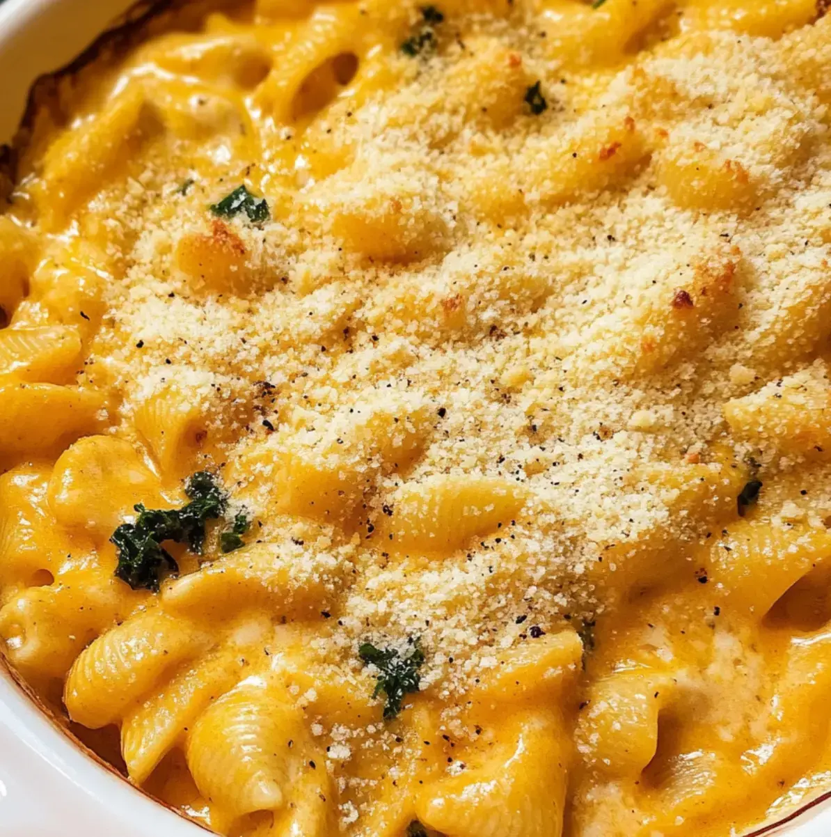 A close-up of creamy macaroni and cheese topped with breadcrumbs and garnished with green herbs.