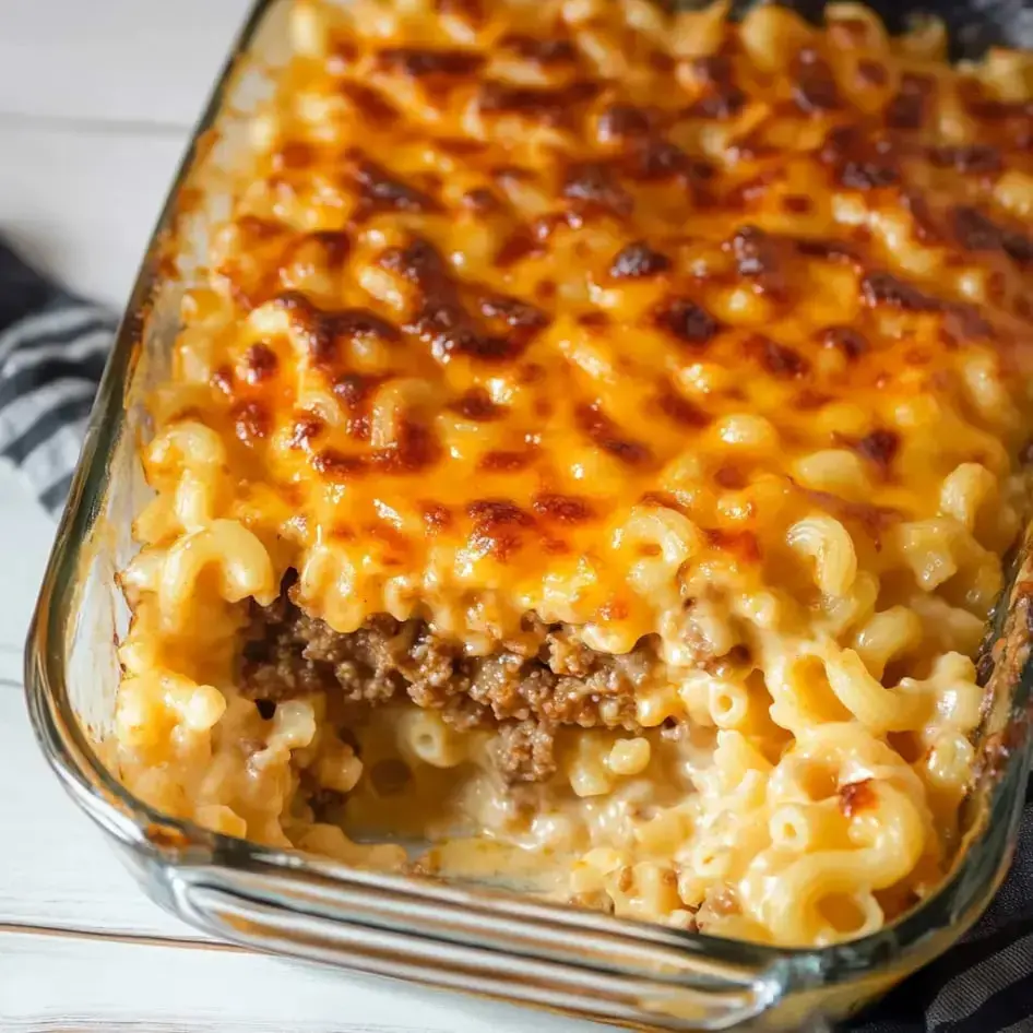 A glass baking dish filled with cheesy baked macaroni and cheese layered with ground beef.