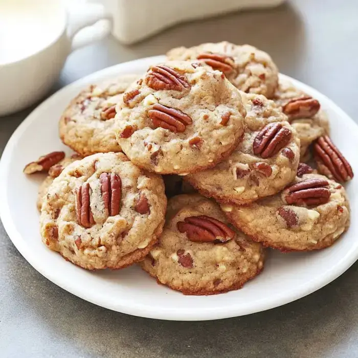 A plate of freshly baked cookies topped with pecans.