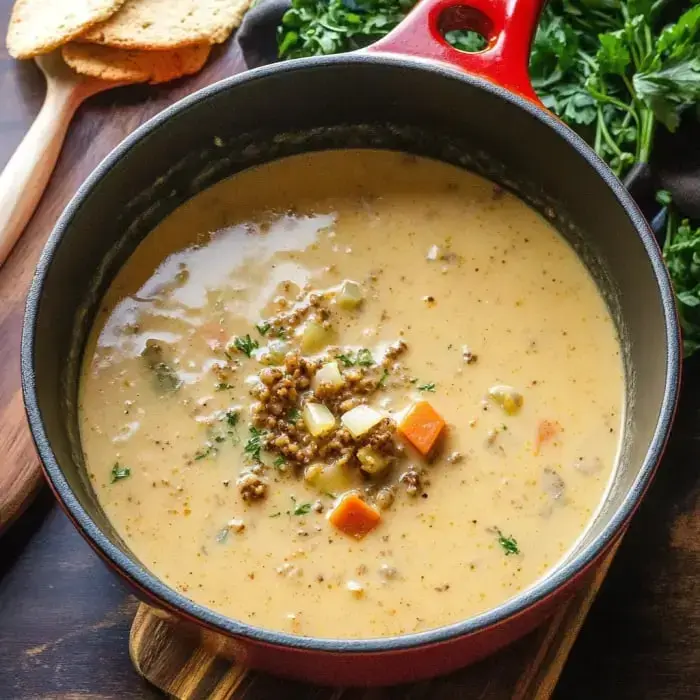 A creamy soup with vegetables and meat is displayed in a red pot, with herbs and crackers in the background.