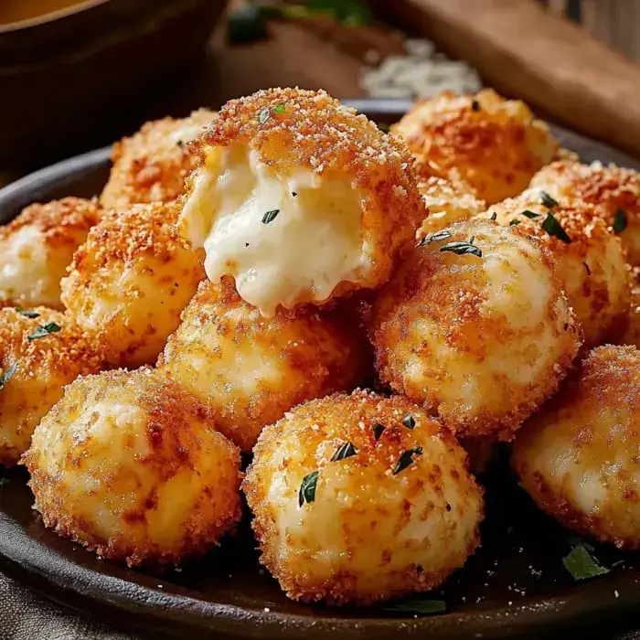 A plate of golden-brown, crispy cheese balls, with one partially bitten to reveal a gooey cheese filling.