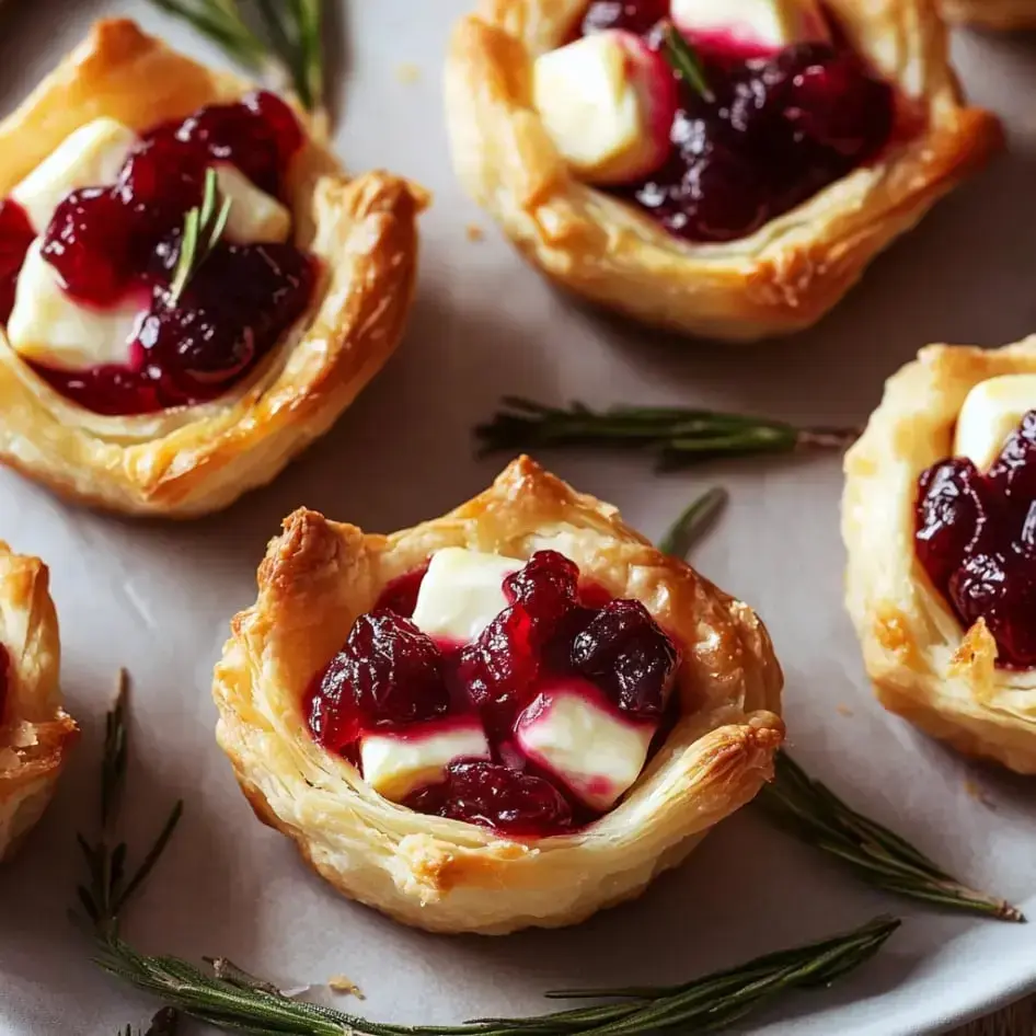 A tray of golden-brown pastry cups filled with cream cheese and cranberry sauce, garnished with sprigs of rosemary.