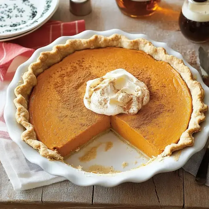 A freshly baked pumpkin pie topped with whipped cream and sprinkled with cinnamon, with one slice removed.