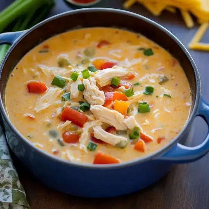 A creamy chicken soup with colorful vegetables, served in a blue pot.