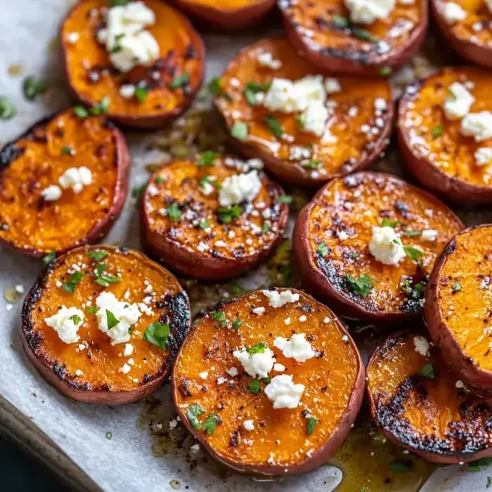 Roasted sweet potato slices topped with crumbled feta cheese and fresh herbs on a baking sheet.
