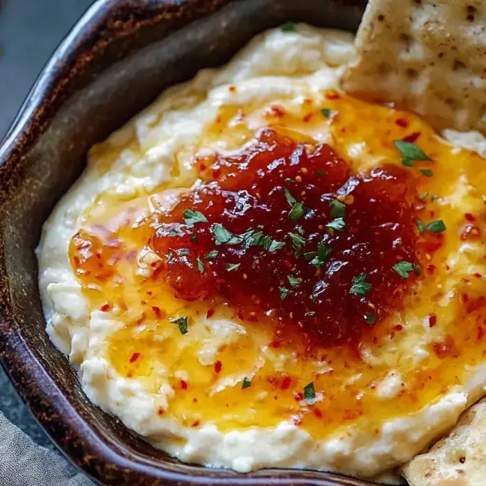 A bowl of creamy grits topped with a sweet and tangy fruit preserve and garnished with herbs, accompanied by a cracker.