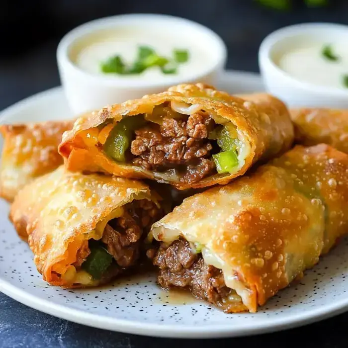 A plate of crispy egg rolls filled with beef and green peppers, served with two small bowls of dipping sauce.