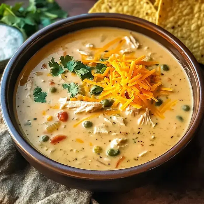 A bowl of creamy soup with shredded chicken, green peas, diced tomatoes, topped with shredded cheddar cheese and fresh cilantro, alongside corn tortilla chips.