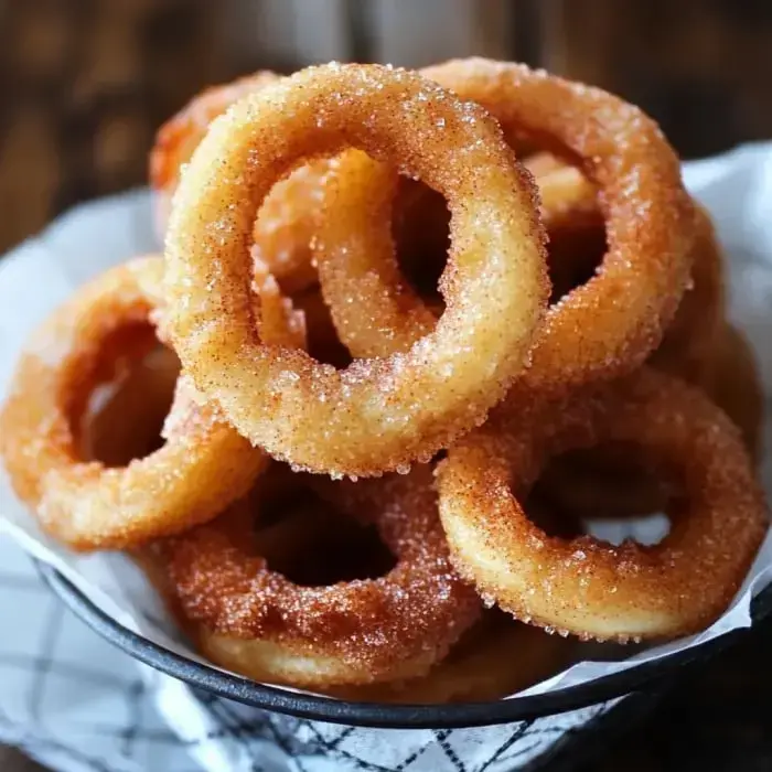 A bowl of golden, cinnamon-sugar-coated doughnut rings arranged attractively.